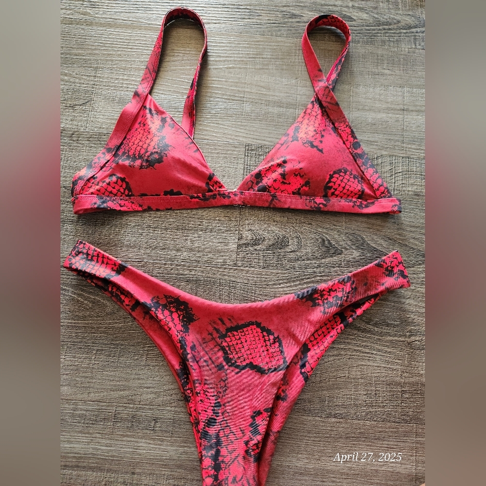 Red Snake-Print Triangle Bikini Set